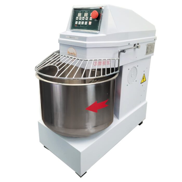 Amasadora Rápida Digital Para 16 Kg Simpa modelo WDHS-40A con cuenco de acero inoxidable, indicada por una flecha roja, ideal para procesar grandes cantidades de masa.