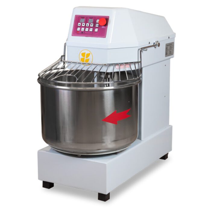 Amasadora rápida industrial Simpa WDHS-60A con cuenco de acero y control digital, destacada por una flecha roja. Amasadora Digital Rápida Para 25 Kg