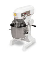 Batidora planetaria de 10 litros industrial blanca con bol de acero y guardia de seguridad.