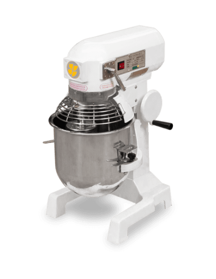 Batidora planetaria de 10 litros industrial blanca con bol de acero y guardia de seguridad.
