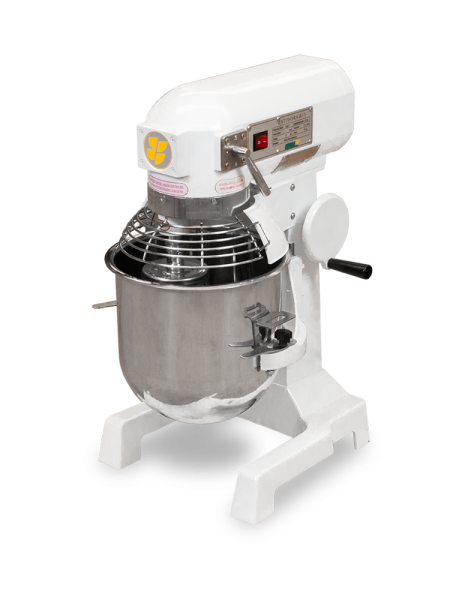 Batidora planetaria de 10 litros industrial blanca con bol de acero y guardia de seguridad.