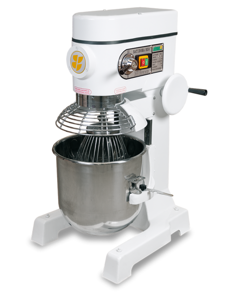 Batidora planetaria 30 litros industrial B30B en color blanco, con cuenco de acero inoxidable y tres accesorios de mezcla.