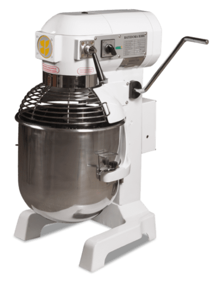 Batidora Planetaria De 30 Litros Simpa con cuenco de acero inoxidable y mecanismo de elevación manual.