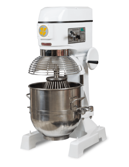 Batidora planetaria de 40 litros Simpa con cuba de acero inoxidable y diseño en color blanco.