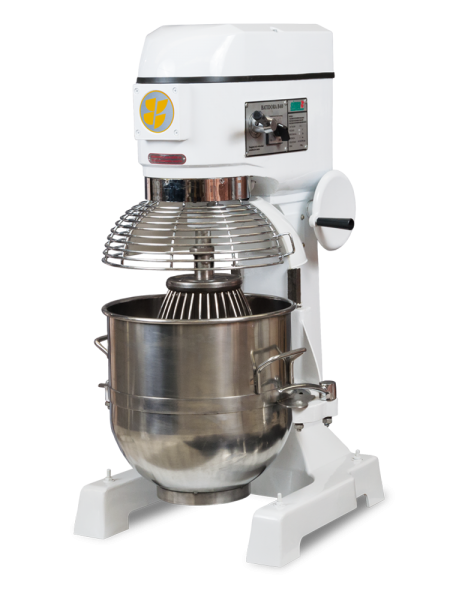 Batidora planetaria de 40 litros Simpa con cuba de acero inoxidable y diseño en color blanco.