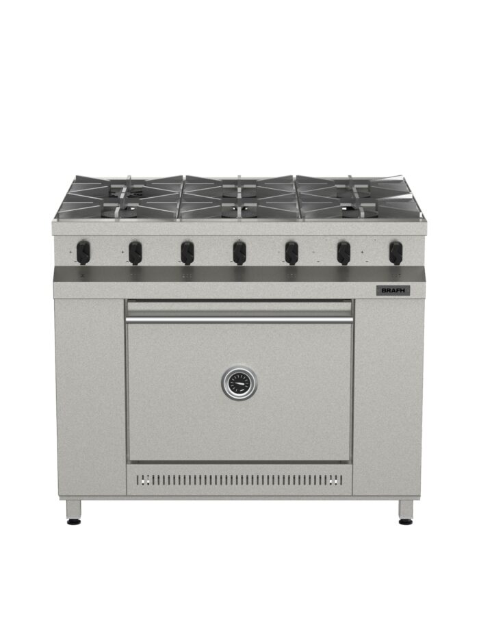 Cocina industrial de 6 hornallas en acero inoxidable con horno.