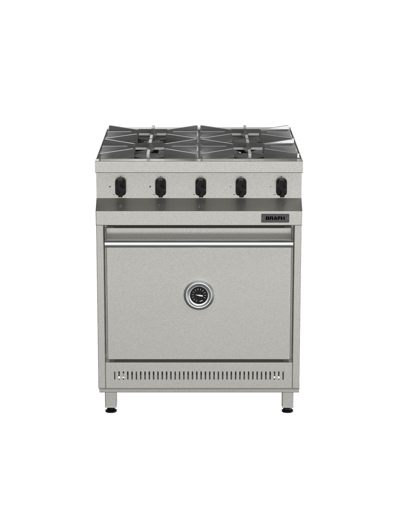 Cocina Industrial 700 de 4 hornallas Brafh con horno, en acabado de acero inoxidable.