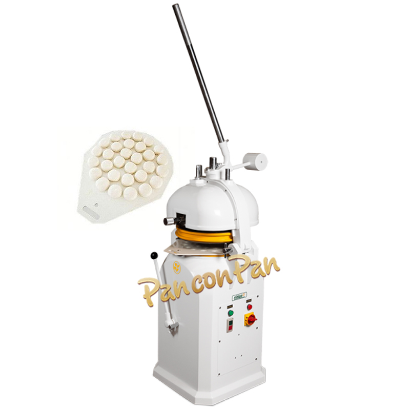 Divisora y rebolladora de masa automática en funcionamiento, mostrando masa de pan dividida. Divisora Y Bolladora De Masa Automática - Pan Con Pan