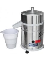 Exprimidor De Jugos Metvisa industrial de acero inoxidable con contenedor plástico.