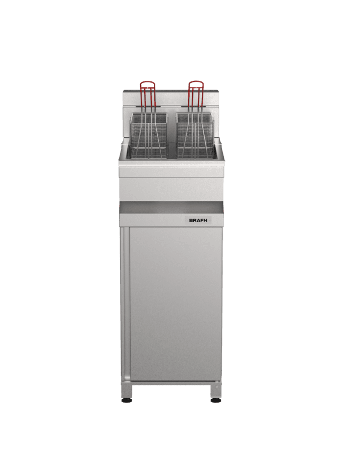 Freidora automática de 24 litros con canastillas dobles y temporizador.