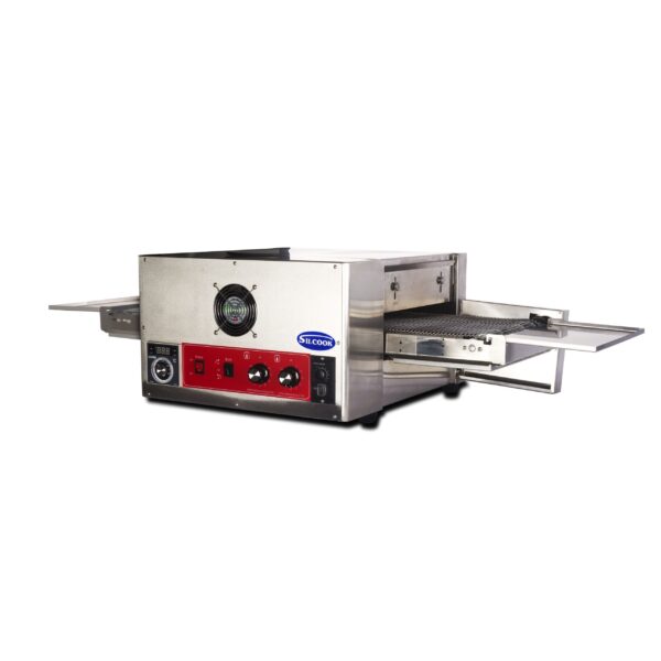 Horno Convector De Cinta 1470 Mm WEP12 de Pan con Pan, estructura de acero inoxidable con controles frontales rojos y negros. Horno Convector De Cinta 1000 Mm