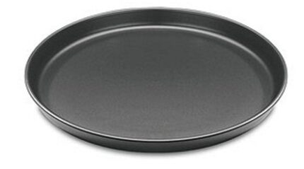 Moldes De Pizza Enlozado. Molde para pizza enlozado de color negro con superficie lisa y bordes redondeados.