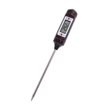 Termómetro digital de pinchar masa con pantalla LCD y sonda larga para medición precisa de temperatura.