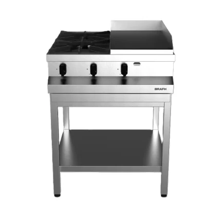 Anafe 700 a gas. 2 hornallas y plancha AISI 430 esmerilado con base- Marca BRAFH Modelo 7002HPL4