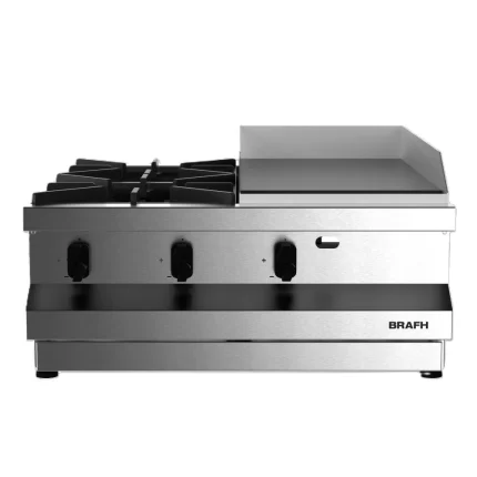 Anafe 700 a gas. 2 hornallas y plancha AISI 430 esmerilado sin base- Marca BRAFH Modelo 7002HPL2