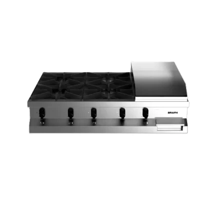 Anafe 1045 a gas. 4 hornallas y plancha AISI 430 esmerilado sin base - Marca BRAFH - Modelo 10454HPL2